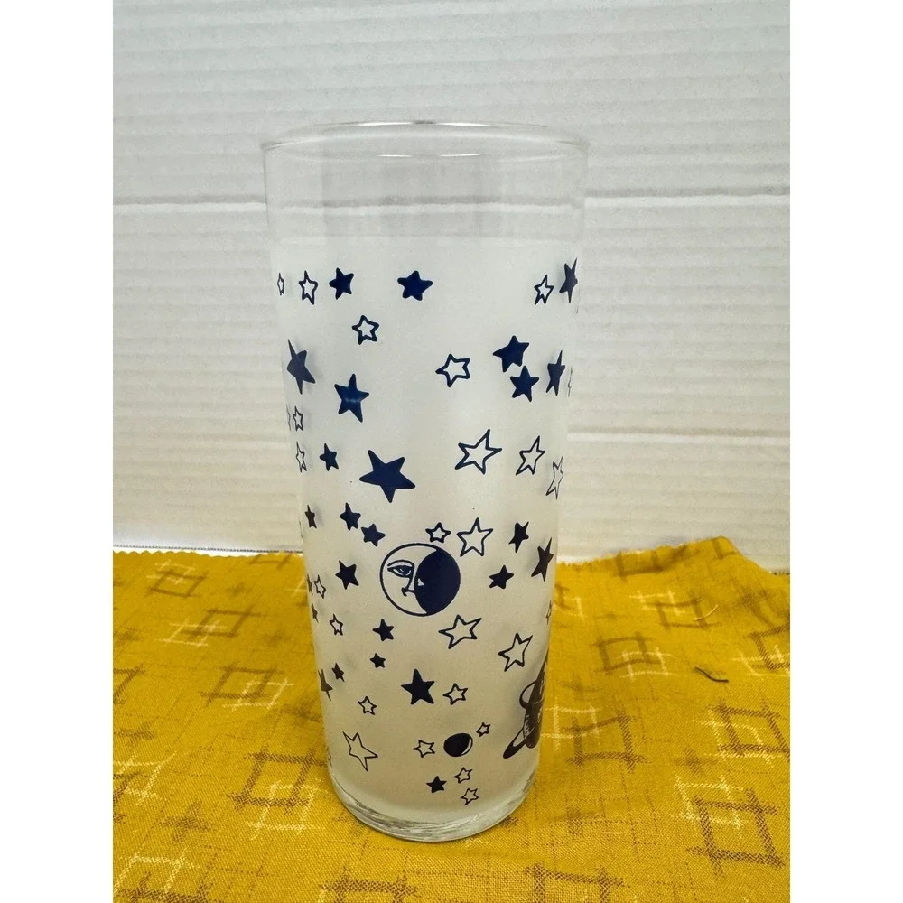 Vintage 90's Frosted Celestial Highball Glass Blue Sun‎ Moon Stars Tumbler